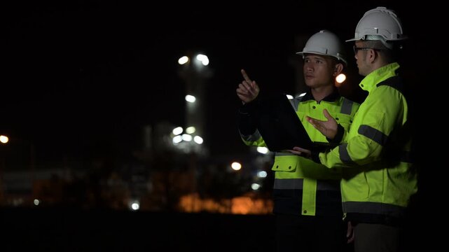 Industrial engineer night inspection at refinery or petrochemical plant walkie-talkie hand and digital tablet intersection of technology, worker work at night at power plant
