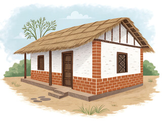 Brick and white-wash Indian rural house, vector