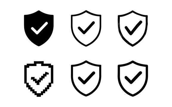 Variety of shield icons with check marks - pixel, linear, silhouette styles for security themes