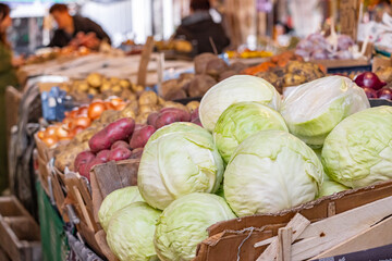 Cabbages at the market stall. Heads of cabbage among a large selection of vegetables at the local market. Fresh vegetables for sale. Farmers market products. Seasonal vegetables display.