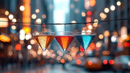 Three colorful cocktails hanging from a wire in a city street at night, with blurred lights in the background.