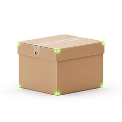 Cardboard Box Isolated on White Background with Green Highlights.