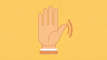 Simple graphic illustration of a human hand waving a friendly hello or goodbye on a yellow background.
