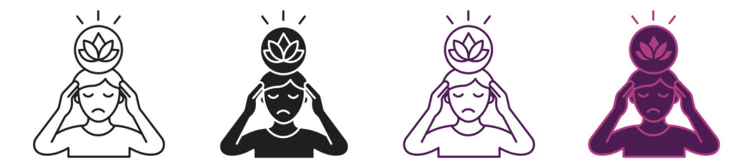 Stress Relief Icon Set. A Relaxing Face with Calm Waves Depicting Serenity. Vector Illustration.