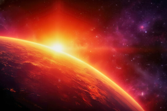 A bright sunrise illuminating the orange-red surface of a planet against the dark purple-red background of deep space.