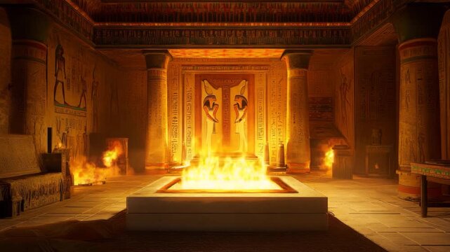 Ancient Egyptian fire altar glowing in sacred temple