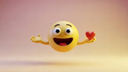 A cheerful yellow emoji with wide eyes and an open mouth, holding a small red heart in its outstretched hand.