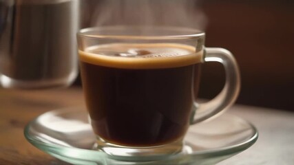 Warm beverage moment caught as smooth coffee stream fills a clear cup with calm beauty