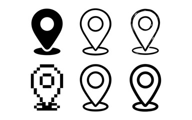 Diverse map pin icons in black and white with various graphic styles