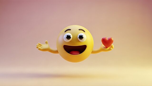 A cheerful yellow emoji with wide eyes and an open mouth, holding a small red heart in its outstretched hand.