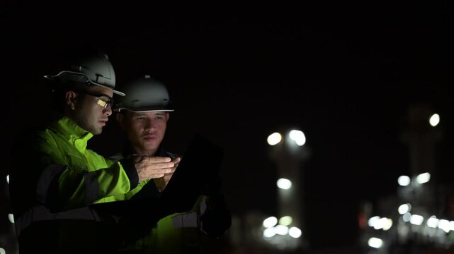 Industrial engineer night inspection at refinery or petrochemical plant walkie-talkie hand and digital tablet intersection of technology, worker work at night at power plant