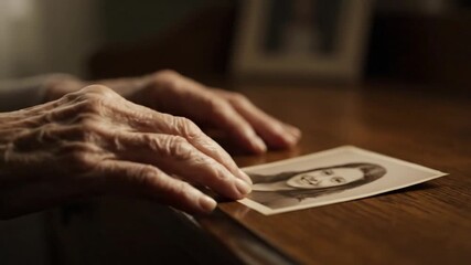 Aged hand gently resting on a vintage photo, evoking cherished memories
