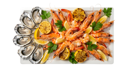 Seafood platter with oysters shrimp and lemon isolated on transparent background