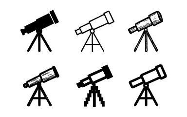Set of six telescope silhouettes: monochrome designs for astronomy enthusiasts