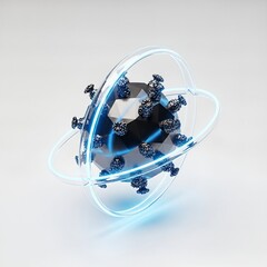 3D rendering of a virus particle with glowing rings around it.