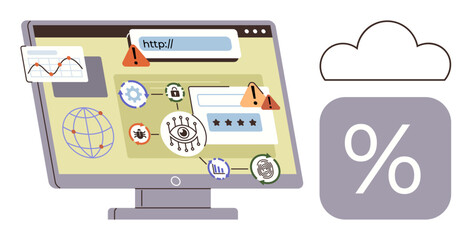 Computer screen with data breaches, warnings, virus icons, gears, login form, and globe. Ideal for cybersecurity, technology, internet safety data protection online threats cloud storage simple