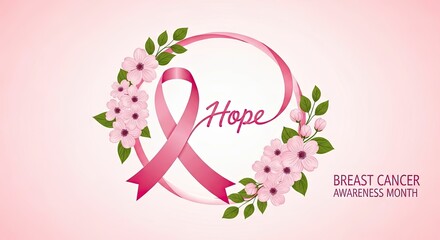 Inspiring breast cancer awareness month graphic with pink ribbon, floral accents, and hopeful message of strength and support for a brighter future