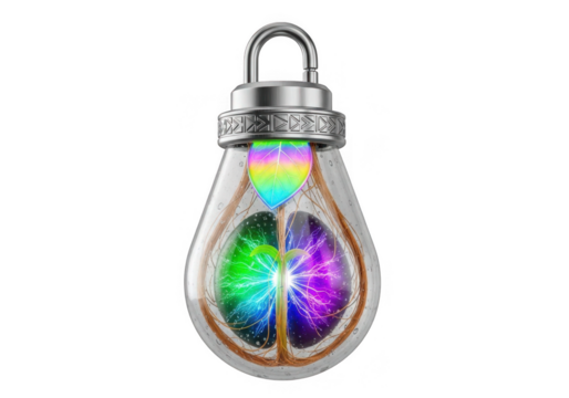 Lightbulb with growing plant and rainbow leaf isolated on transparent background for concept and idea generation