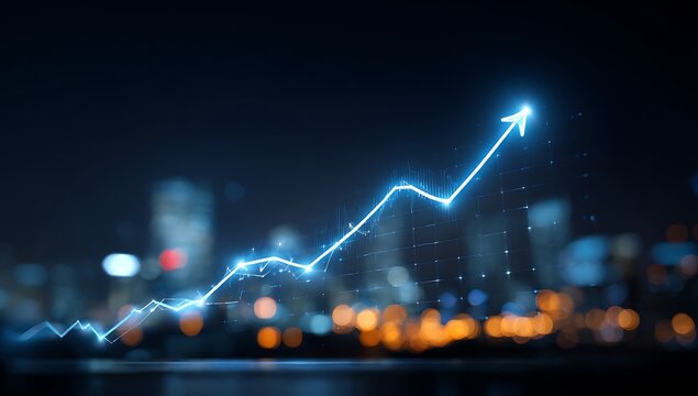 Abstract Upward Trend Line with Cityscape Backdrop: Representing Growth, Success, and Positive Financial Performance