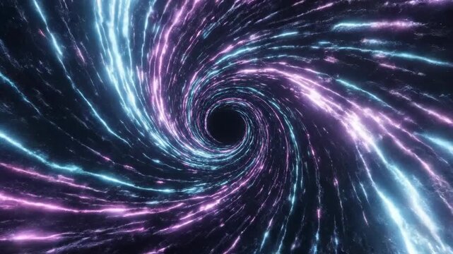 Seamlessly looping abstract background of electric cyan and magenta lines rapidly warping and stretching into a swirling central temporal vortex space, animation, data flow