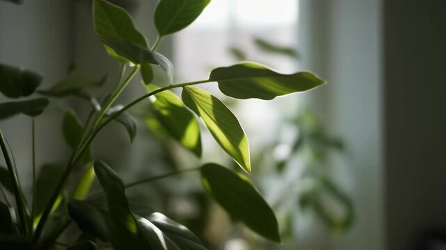 Gentle interior moment caught as a plant moves slowly toward soft bright natural light