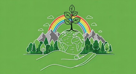 Protecting our vibrant Earth with sustainable practices for a greener future and a colorful rainbow, symbolizing hope and growth for generations to come