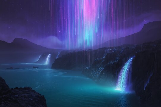 Mystical aurora waterfall landscape with vibrant neon light streaks descending from the sky - Powered by Adobe