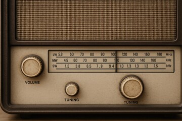 Obraz premium Vintage Radio Receiver Closeup with Tuning Dials and Speaker Grill for Nostalgia Concepts