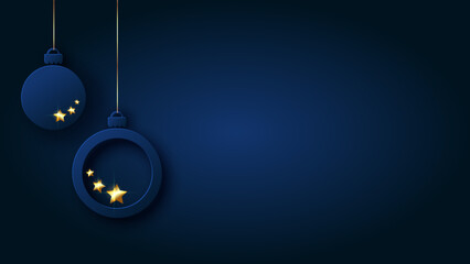 Christmas balls decorated gold shining stars on navy background