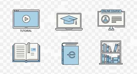Conceptual set of online education icons depicting learning resources and tools