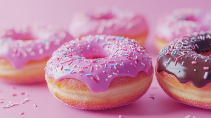 A delectable array of donuts with pink frosting and colorful sprinkles on a pink background, showcasing the sweet treats irresistible appeal