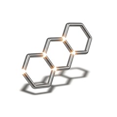 Abstract metallic molecular structure with interconnected hexagons on white.