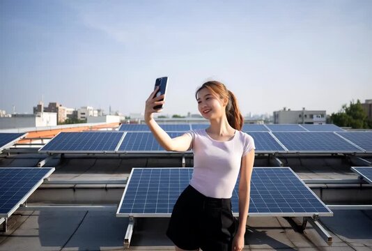 Young woman takes selfie with solar panels background promoting sustainable energy and technology