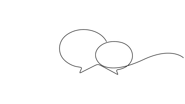 Self animated minimalist continuous line art drawing of two overlapping speech bubbles. Full length one line art animation 