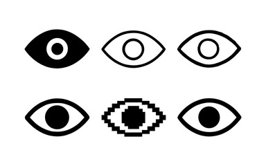 Minimalist eye icons set: silhouette, outline, pixel art designs