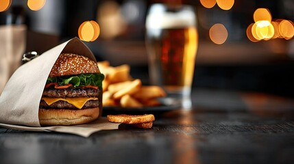 A close-up shot of a double cheeseburger wrapped in paper, french fries, and a glass of beer on a wooden table in a restaurant setting. Bokeh background.