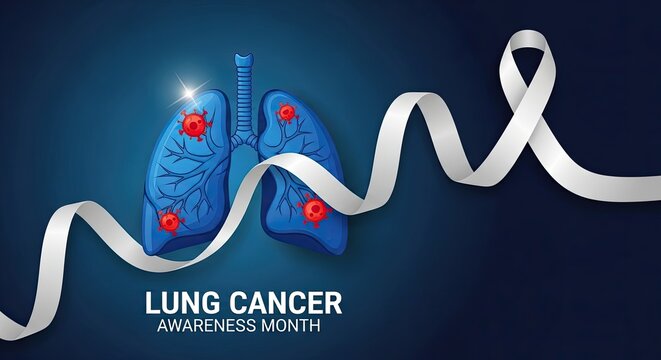 Promote lung cancer awareness this month with powerful visuals, featuring human lungs, cancer cells, and a symbolic white ribbon for support and solidarity