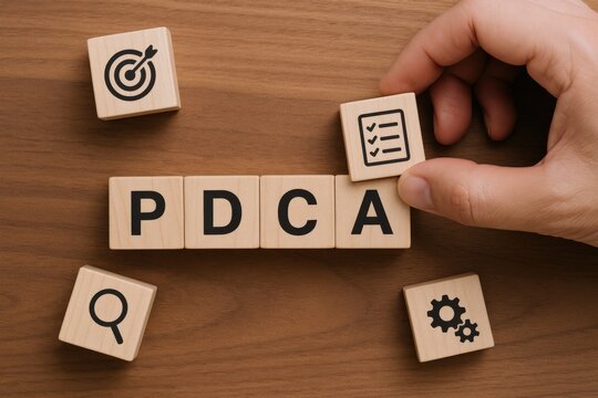 PDCA cycle depicted with wooden blocks, a hand arranging the last step, business concept - Powered by Adobe