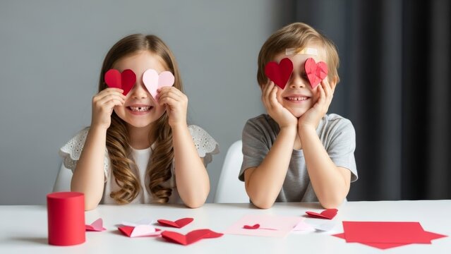 children enjoying craft activity with heart-shaped paper cutouts in creative - Powered by Adobe