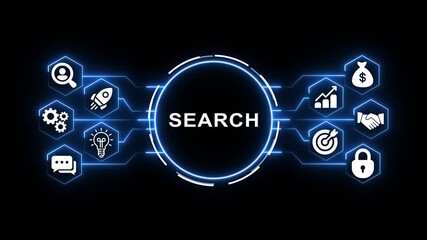 Futuristic neon hexagon network connection abstract background with central glowing circle and digital data flow lines on black screen technology concept - Powered by Adobe