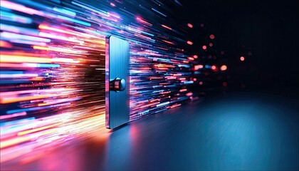 A futuristic door with light trails, representing technology, innovation, and the future. The image has a dark, dynamic, and abstract visual style.
