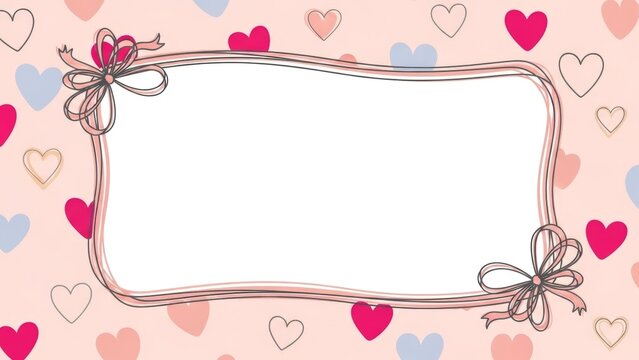 Cute romantic background with hearts and bows framing a blank space for messages
