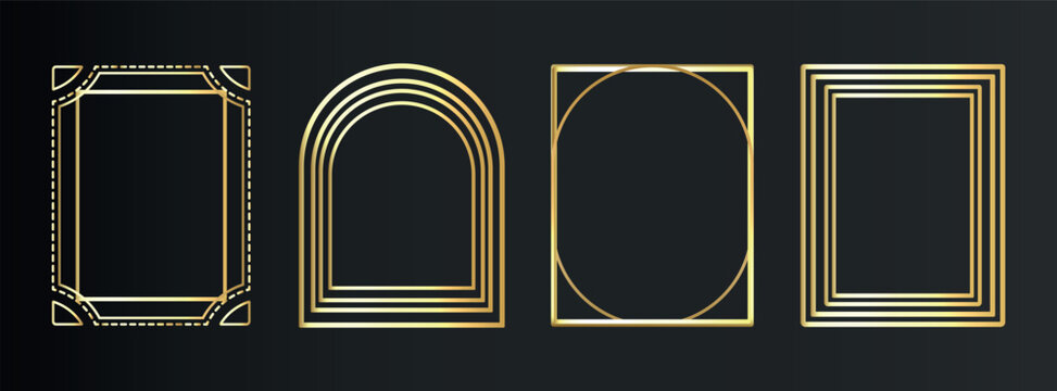 Luxury thin gold frame set in art deco, Islamic style. Premium geometric golden arch on black background. Elegant linear borders for vip, greeting card, wedding invitation. Isolated vector illustratio