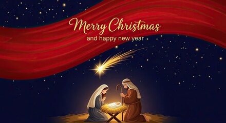 Celebrate the magic of Christmas with this heartwarming Nativity scene under the starry night sky, perfect for holiday greetings and festive designs