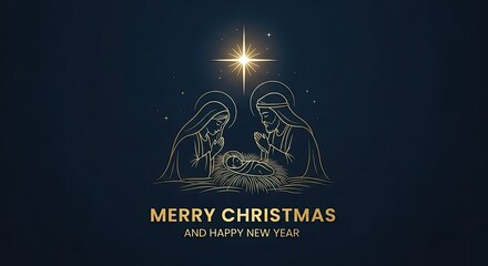 Elegant golden nativity scene wishing Merry Christmas and Happy New Year for holiday greeting cards and festive seasonal designs with a star of Bethlehem