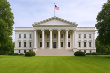 Obraz premium Imposing Government Building with American Flag, Featuring Classical Architecture and Well-Manicured Lawn