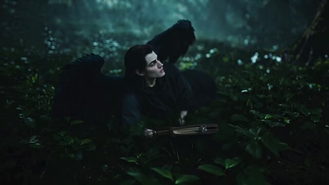 Fallen angel Lucifer with wings descending through dark skies 3d animation of an angel or demon barren field before soaring into the cloudy gray sky