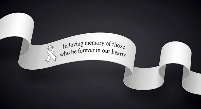 Elegant sympathy banner for memorial services remembering loved ones lost with ribbon of remembrance on dark background for solemn occasions of grief