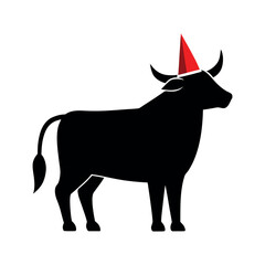 Black silhouette of a bull wearing a New Year party hat, flat vector, white background