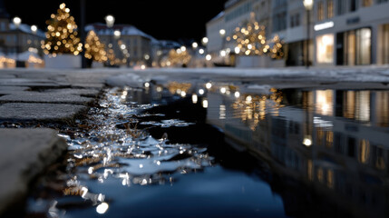 Vibrant Christmas trees illuminate a cobblestone street at night, reflecting the spirit of the holiday season with their warm lights and creating a magical urban atmosphere.